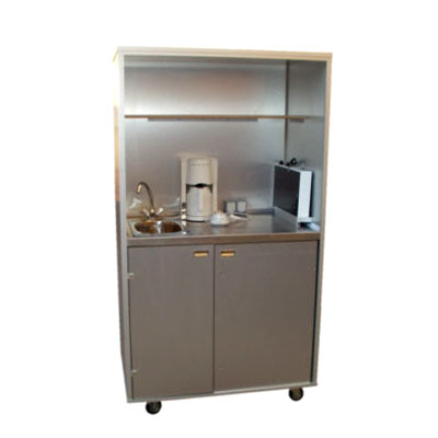 Messeküche Max mit Steckdosen, Spüle, Kühlschrank und Arbeitsfläche abschließbar und rollbar